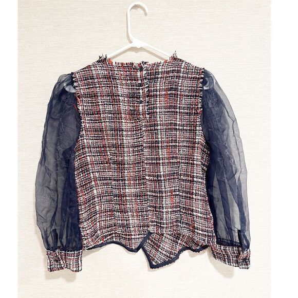 Zara organza tweed sheer puff sleeve raw hem bloggers favorite blouse - Picture 4 of 4